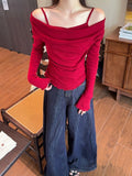 Pure Wind Red Fake Two-Piece Open Shoulder Splicing Long-Sleeved Knitted Shirt Women Autumn Wood Ear Design Feel Bottom Top