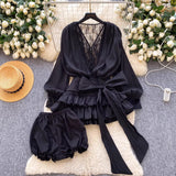 Fairy Atmosphere With A Sense Of Niche Bow Tie With Waist Lace Spliced Long-Sleeved Lotus Leaf-Side Mesh Dress Shorts