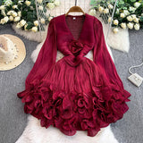 Net Red Niche High-Level Flow Light Tulle V-Neck Dress Female Heavy Industry Ponphysolious Three-Dimensional Lotus Leaf Side Skirt