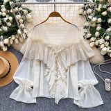Fairy Top 2025 Summer Languid Temperament Famous Lotus Leaf Side Splicing Horn Sleeve Chiffon Shirt Loose Shirt