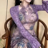 2025 Summer New Chinese Style Digging Shoulder Dripping Flower Cheongsam Purple Concatenation Dress Woman