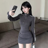 Ins Pure Lust Long-Sleeved Bag Hip Dress POLO Folded Zipper Spring And Autumn Hottie Repair Tie With Short Skirt