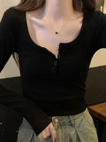 Ins Pure Hot Girls Half-Open Long Sleeves Bottom T-Shirt Spring And Autumn Threaded Button Long-Sleeved Shirt