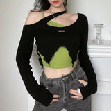 Spice Girls Want To Irregularly Show Up Shoulder Long-Sleeved T-Shirt Girl Autumn New Niche Sexy Tight Body Clothes Two Sets