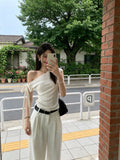 [Original Barbie Bamboo Day Cotton] White Oblique Shoulder T-Shirt Girl Xia Pure Want To Show Thin Hot Girl On The Short Sleeves