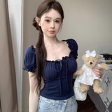 French Sexy Hottie Bubble Sleeve Short-Sleeved T-Shirt Girl Summer Pure Lust Collarbone Repair Short Top Female T-Tide