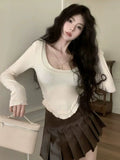 Human Cotton Autumn Sexy Pure Lust U Collar Long-Sleeved T-Shirt Irregular Short Top Girl Slime Bottom Shirt