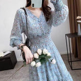 Korean Version Of The New Spring And Autumn Dress Long Sleeves To Show High-Waist Korean Version Of The V-Neck Skirt Broken Snowy Dress Long