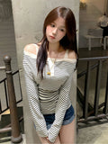 2026 Spring And Autumn Pop Hottie Open Shoulder Collar Style Long-Sleeved Striped Blouse Heart Loose Thin T-Shirt Girl