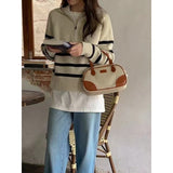 KANING Korean Version Of Half-Zip Soft-Creinous Striped Sweater 2026 Autumn New Retro Semi-High-Collar Knitted Shirt Woman
