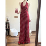 French Retro Sweetheart V-Neck Red Wave Dot Hanging Neck Dress Women's Summer Bare Back Strap With Sleeveless Vest Dress