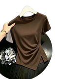 Pure Round Neck Solid Color Irregular Short-Sleeved Short-Sleeved T-Shirt Girl Summer Hottie Fashion Thin Short-Sleeved T-Shirt Girl Trend