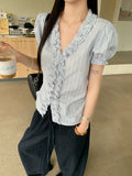 Designing A Blue Wood Ear Striped Soaked Women Summer Niche Age-Down V-Neck Collar Thringing Thin Short Sleeve Top