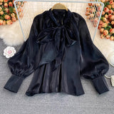 French New Super Fairy Loose Belly Bow Tie With French Shirt Long-Sleeved Temperament Top Woman