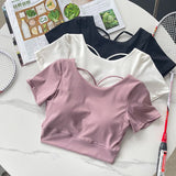 Sports Fitness Yoga Suit With Chest Pad Short-Sleeved T-Shirt Girls Summer Thin Beauty Back Sexy And Short Clothes