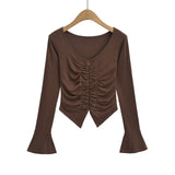 V-Necked Women's Niche Hottie Double Zipper Wrinkle Folded T-Shirt Pure Desire To Hit The Bottom Of The Top Horn Sleeve