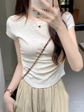 Ins Hot Girls Pure Want To Close Waist Small Flying Sleeve Girl T-Shirt Short-Sleeved Tops New Solid Color Bottom Body-Repair Women's Tide