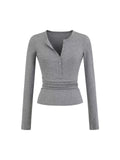V-Neck Button Long-Sleeved T-Shirt V Collar Slimming Top New