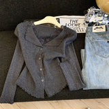 3.16/Spring New XUAN XIAO JIE Wooden Ear Lace V-Neck Soft-Creined Knitted Cardigan