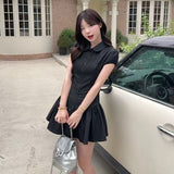 Summer Black Striped Button POLO Collar Bubble Sleeve Dress Female Sweet Spicy Temperament Waist A Skirt Skirt