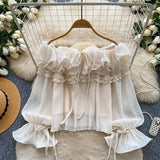 French Sweet Wind Word Shoulder Lotus Leaf Shirt Female Summer Korean Version Of Long Sleeve Tied Fairy Commuting Temperament Blouse