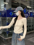 Korean Version Of Small Embroidery Shoulder Long Sleeve Bottom Shirt Women's 2026 Early Autumn Button U Neck T-Shirt Milk Blue Top