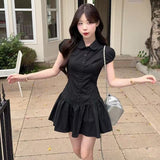 Summer Black Striped Button POLO Collar Bubble Sleeve Dress Female Sweet Spicy Temperament Waist A Skirt Skirt
