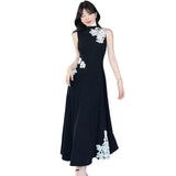 New Chinese Retro Windy Shoulder Lace Splicing Color Dress Female Summer Temperament Waist A-Character Dress