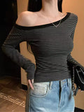 Ins Sexy Pure Hottie Word Shoulder Long-Sleeved T-Shirt Girl Retro Stripe Long Sleeves Bottom Shirt Female Tide