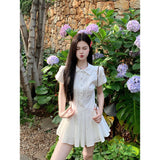 College Style Sweet White Short-Sleeved Shirt Dress Summer New Small 100-Fold Short Skirt