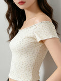 Sexy Pure Lust Thread Word Shoulder Broken Flower Slime Shoulder Short-Sleeved T-Shirt Girl Summer Hottie Thin Bottom Topess Female T