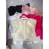 French Small Luxury Three-Dimensional Lotus Side Splicing Round Collar Pearl Single Buckle Lace Jersey Top