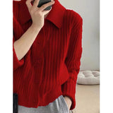 KANING Simple Little POLO Collar Knitted Cardigan 2026 Autumn New Korean Version Of The Simple Color Top