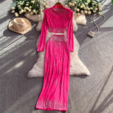 Ins Light Luxury Heavy Industry Diamond Nail Beads Half-High Collar Short Top + High Waist Thin Bag Hip Skirt Set