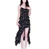 French Black Floral Slings With A Tie Dress Women's Summer New Holiday Wind Irregular Mid-Length Skirt