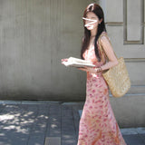 Sweet Wind Pink Slings With Broken Flowers With Joint Skirts Women's Summer French Temperament Sexy A-Word Dress