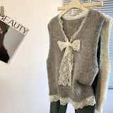 KANING Lace Bow V-Neck Sweater Vest 2026 Early Autumn New Women's Clothing Folded Sleeveless Knitted Top
