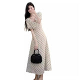 French With Bubble Sleeves And Dot Dresses In The Summer Women's New Lotus Leaf Side Skinny Chic Temperament Dress