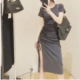 2025 New Summer Elastic Repair Arm Ion With Side Open Fork Long Dress Women's Short-Sleeved T-Shirt Drawer