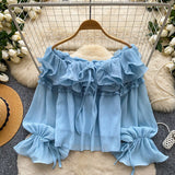 French Sweet Wind Word Shoulder Lotus Leaf Shirt Female Summer Korean Version Of Long Sleeve Tied Fairy Commuting Temperament Blouse