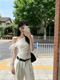 [Original Barbie Bamboo Day Cotton] White Oblique Shoulder T-Shirt Girl Xia Pure Want To Show Thin Hot Girl On The Short Sleeves