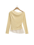 Yellow Pure Sexual Sexy Two Slanted Shoulder Lace Spliced Long-Sleeved T-Shirt Girls Spring And Summer Body Show Off Shoulder Clothes