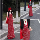 2025 Spring Summer New Hong Kong Style Retro V-Neck Waist Crumums Hanging Dress Dress
