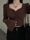 Pure Collar Folded Horn Sleeve Short T-Shirt Girl Slim Thin Hottie Sexy Long-Sleeved Knitting Blouse Ins