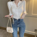 French Sexy Hottie Polo Collar Long-Sleeved T-Shirt Girl Spring New Slimming Inside Folding Short Top