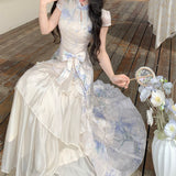Hinggu Yulan Wen Wan New Chinese Printing Improved Cheongsam Skirt Summer Irregular Splicing Big Swing Dress