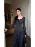 Sexy Pure Desire To Hit The Color Striped Button Long Sleeve Bottom T-Shirt Girl New Hot Girl Autumn And Winter Body Bottoming Top Woman T