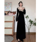 Autumn And Winter Black Lace Stitching Cross-Tie With Long-Sleeved Dress High Sense Hepburn Style Temperament A-Character Dress Woman