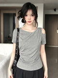 Korean Pure Want To Set Up Irregular Slanted Shoulder Clothes Short Sleeve Gray Repair Waist And Shoulder Design Touching Cotton Short Sleeve