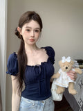 French Sexy Hottie Bubble Sleeve Short-Sleeved T-Shirt Girl Summer Pure Lust Collarbone Repair Short Top Female T-Tide